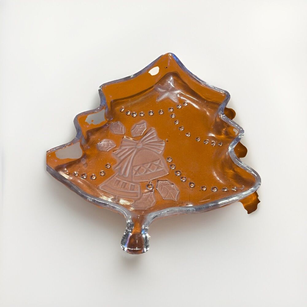 Vintage Christmas Tree Shape Frosted Glass Dish with Bell, Bow and Star Candy